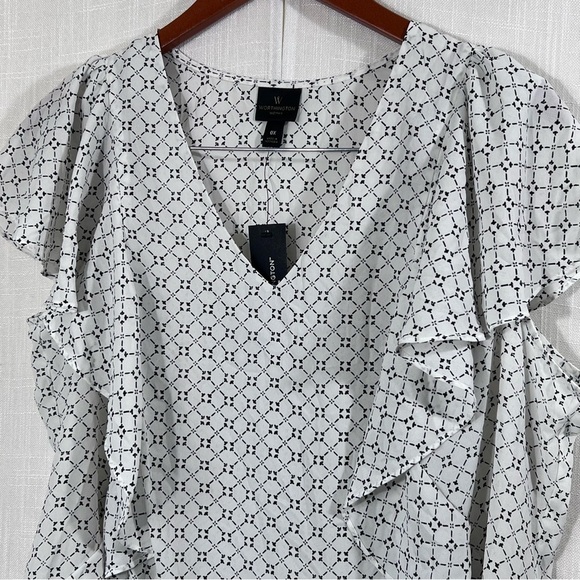 Worthington NWT Black White Patterned Flutter Sleeve Ruffle Blouse Top Sz 0X - Picture 2 of 10